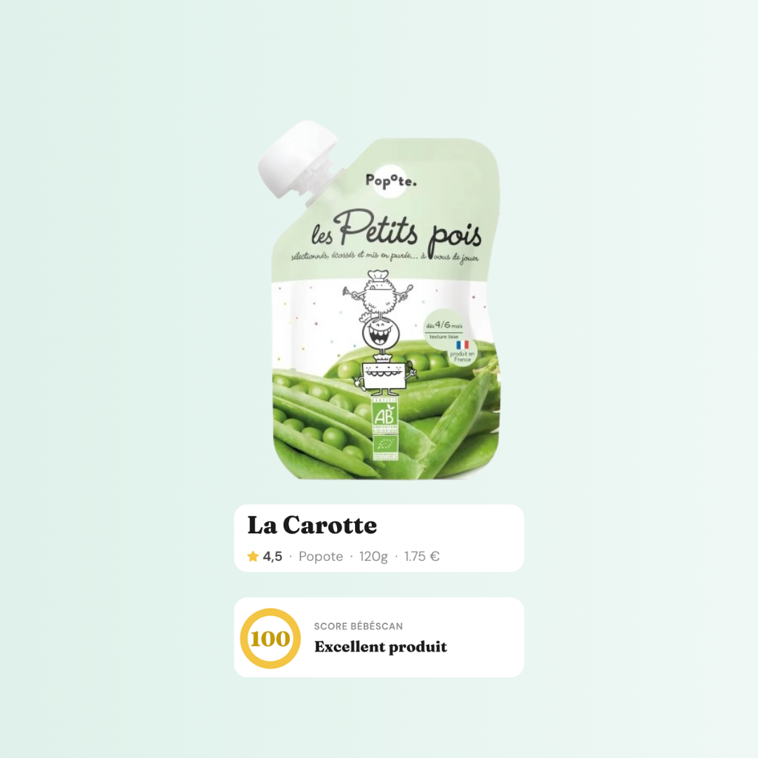 Fiche produit La Carotte de Popote dans l'app BébéScan : score 100, Nutri-Score A, NOVA 1, bio.