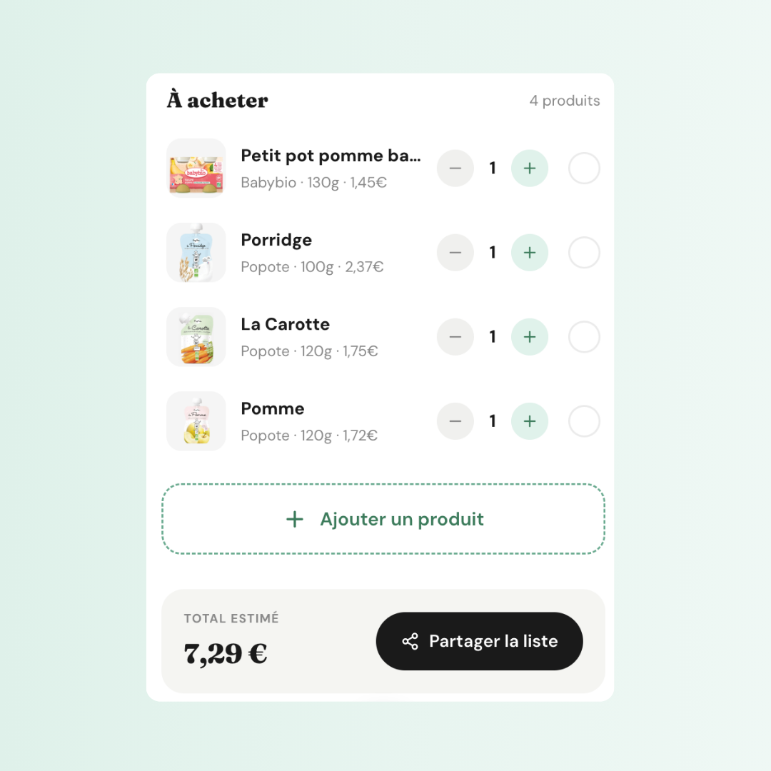 Liste de courses bébé dans l'app BébéScan : petits pots, total estimé et partage.