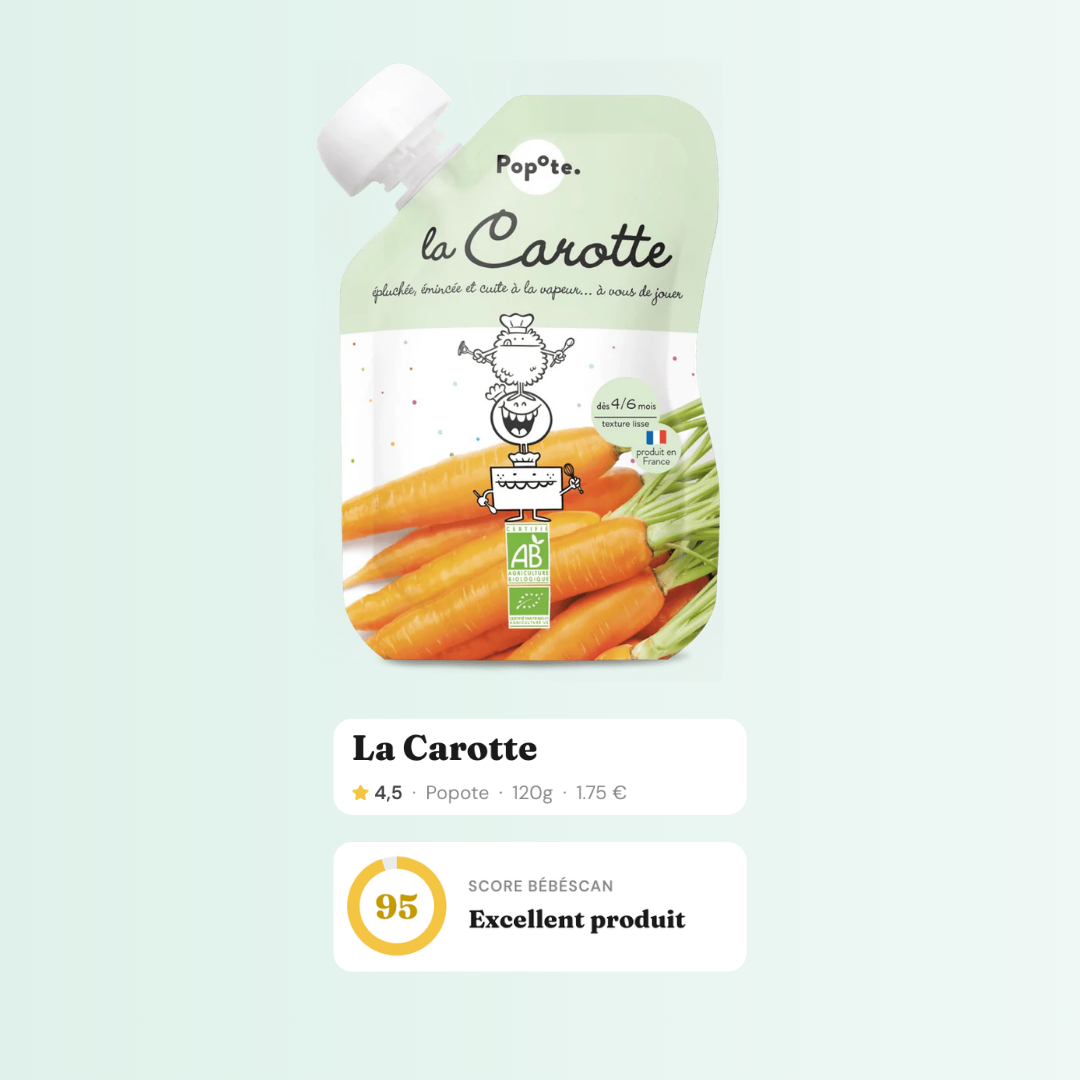 Fiche produit La Carotte de Popote dans l'app BébéScan : score 100, Nutri-Score A, NOVA 1, bio.