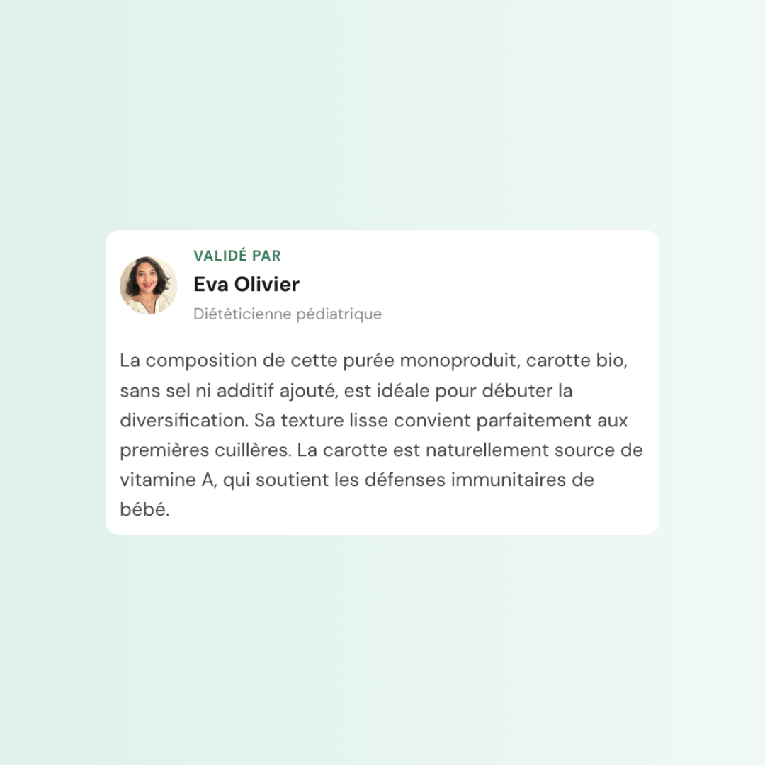 Validation par Eva Olivier, diététicienne pédiatrique, dans l'app BébéScan.
